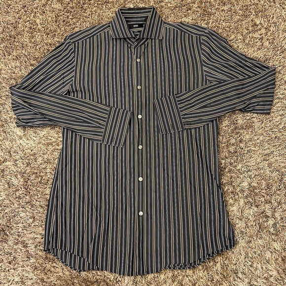Hugo Boss Shirt Mens 39 15.5‎ Black Brown Striped Button Up Long Sleeve Slim Fit - Picture 2 of 11